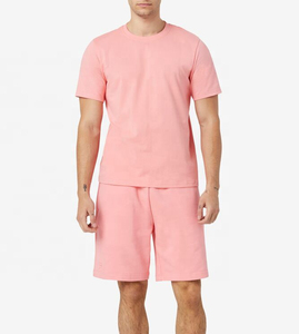 Men's Pink Cotton Crew Neck T-Shirt <b>Set</b> Casual Summer <b>Knitted</b> Solid Color Shorts and Tee Two Piece Outfit - Product Image 5