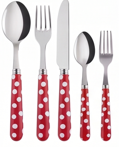 Ensemble de couverts rouges à pois, 5 pièces, en acier inoxydable, passe au lave-vaisselle, manche au design mignon, vaisselle de fête en plastique - Product Image 1