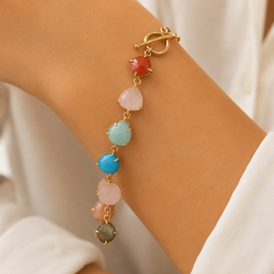 Natural Multi Gemstone <b>Bracelet</b> Handmade Prong Setting 18K Gold Plating Elegant Toggle Clasp Statement Link <b>Stone</b> Women Jewelry - Product Image 2