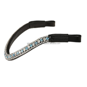 Pierres de cristaux bleus et clairs de marque de qualité supérieure bande de front de cheval en cuir anglais noir décorative en plein cob sur les tailles - Product Image 1