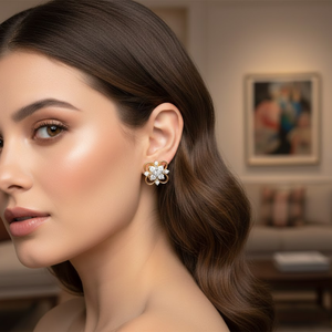 Pendientes de Racimo de Flores con Diamantes Naturales en Oro Amarillo de 14K |   Pendientes de tuerca de diseño floral con corte redondo para mujer, regalo de joyería fina - Product Image 1