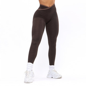 Ensemble de yoga pour femmes, taille haute, en spandex et polyester, sans couture, avec crop top dos nageur à col en V et leggings longs, tenue d'entraînement deux pièces - Product Image 2