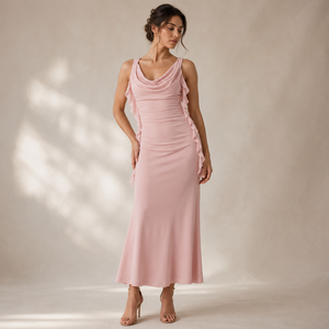 Elegante Vestido Maxi Rosa Pálido con Volantes y Corte en A para Mujer |   Vestido sin mangas con cuello tipo capucha y fruncido para primavera y otoño, ideal para fiestas informales y cócteles. - Product Image 2