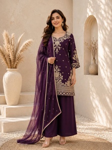 Traje Salwar de seda romana con bordado morado para mujer, para usar en bodas, disponible al precio más bajo de proveedor indio. - Product Image 1