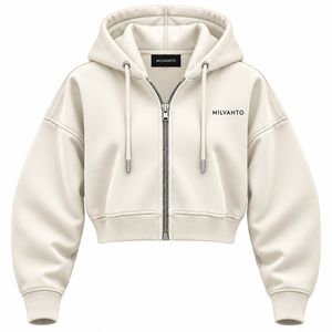 Hoodie d'hiver surdimensionné à épaules tombantes, coupe courte, personnalisé, en coton molletonné 100%, couleur blanc cassé premium, design personnalisé pour femme. - Product Image 1