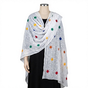 Hijab Islámico AHE Textiles de Color Mixto, Blanco Puro con Bordado Floral de Pedrería, Transpirable, de Verano, en Voile de Algodón-Poliéster 12 - Product Image 1