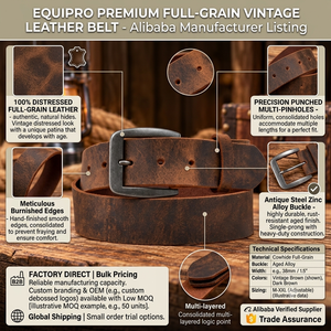 Ceinture en cuir de vachette véritable marron vintage pour homme Equipro avec boucle à ardillon carrée en alliage, motif rayé, durable - Product Image 4
