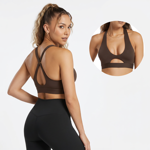 Sujetador deportivo marrón para mujer, diseño de espalda en U, soporte acolchado, para yoga y entrenamiento - Product Image 3