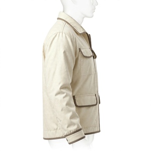 Men's <b>Beige</b> <b>Denim</b> Workwear <b>Jacket</b> Turn-down Collar Single Button Closure Regular Fit Solid Color Autumn Wear Breathable Pockets - Product Image 3