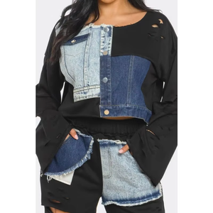 Nuevo Conjunto Casual de Mezclilla para Mujer de Alta Calidad con Parches, Top Corto de Cuello Redondo y Mini Shorts, Lavado Ácido, Efecto Desgastado y Parches de Mezclilla - Product Image 4