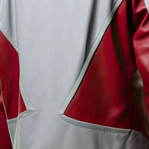 เสื้อแจ็คเก็ตหนัง PU สีแดงเทาสำหรับผู้ชาย คอปกพับ ปิดด้วยซิป แขนยาวทรงปกติ สไตล์ไบค์เกอร์สำหรับฤดูใบไม้ร่วง ดีไซน์สีตัดต่อ - Product Image 6