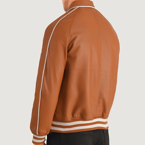 Unisex Brown PU Leather Bomber <b>Jacket</b> with <b>White</b> Trim Turn-down Collar Zipper Closure Waterproof Windproof Casual Winter Wear - Product Image 4