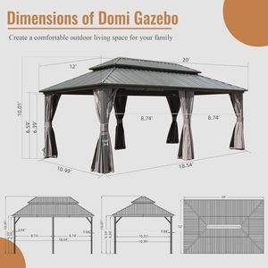 Gazebo de Aluminio de 12 x 20 pies con Techo Doble, Pérgola Permanente de Acero Galvanizado con Cortinas y Mosquitera - Product Image 6
