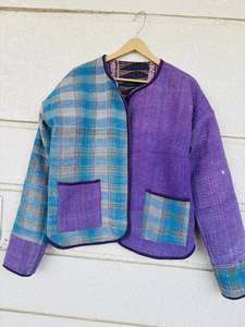 kantha <b>Jacket</b> Women's Striped Cotton Drop Shoulder Long Sleeve Autumn Outerwear Contrast Trim Regular Length - Product Image 2