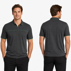 เสื้อโปโลสีเทาเข้มแบบมีแถบสีเขียวสำหรับผู้ชาย ซิป ¼  แห้งเร็ว เหมาะสำหรับกีฬากอล์ฟ มีความต้องการสูง - Product Image 3