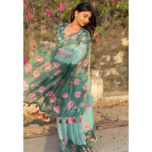 Sari de Algodón Chanderi Verde Mar de Monika de Elite Weaves, con Estampado Pichwai y Borde Tejido con Zari, Elegante Vestido de Noche, 500g - Product Image 1