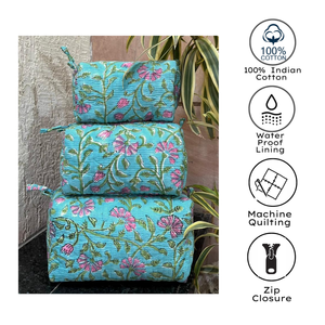 Jaipur Sustainable Travel Pouch Set of 3 Premium Quilted Cotton Makeup Organizer Waterproof Zip Closure Floral Hand Block Print - Product Image 2