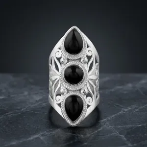 925 Sterling Silver Black Onyx Statement Ring Handmade Vintage Filigree Jewelry for Women Bold Cocktail Fashion Ring - Product Image 4