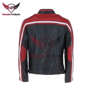 <b>Mens</b> Real Black Red Leather <b>Jacket</b> <b>White</b> Racing Stripe Biker Motorcycle Cowhide Coat Quilted Shoulder Custom Classic Winter Wear - Product Image 4