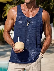 Camiseta sin mangas de punto para hombre, cuello redondo, color sólido, transpirable, informal, azul marino - Product Image 2