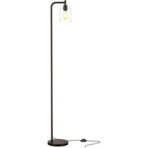 Lampe de sol LED industrielle avec abat-jour en verre, finition noire, montage facile et interrupteur à pédale - Product Image 1