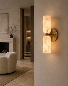 Applique murale moderne en laiton avec design géométrique en marbre, éclairage intérieur minimaliste pour la décoration du salon - Product Image 4