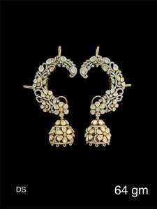 ต่างหูลายจุด Kundan หนักพร้อมต่างหู Jhumka เครื่องประดับเจ้าสาวอินเดียสีทองมีสีทอง/เงิน/ทองเหลือง - Product Image 3