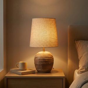 Modern Wooden <b>Table</b> Lamp with Beige Linen Shade Round <b>Minimalist</b> Design Handmade Decorative Light for Bedroom Nightstand - Product Image 2