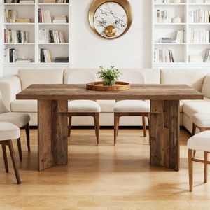 Table à manger rectangulaire en bois massif avec plateau en pierre frittée marbrée, finitions en bois, assemblée - Product Image 6