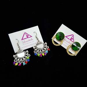 Designer German Silver Drop and Hoop Earrings Set with Pearl Zircon Diamond and Star Heart Motifs - Product Image 1