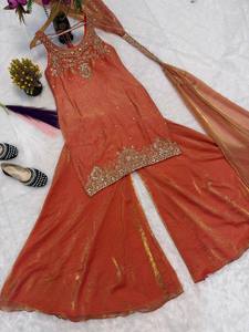 Indian <b>Pakistani</b> Orange Silk Sharara Gharara Kurti Set Fabric Gorgeous Customize Ethnic Wear for Women <b>Eid</b> Ramzan Special - Product Image 1