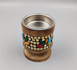 Brûleur à Bakhoor en bois d'acacia naturel du Moyen-Orient avec perles métalliques dorées, décoration d'intérieur, brûleur à Oud, Mubakhar - Product Image 1