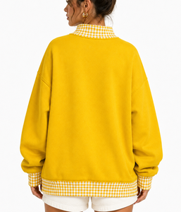 Sweat-shirt oversize à col montant pour femme, en tissu épais, avec patchwork personnalisé à carreaux vichy, style streetwear universitaire - Product Image 3