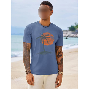 T <b>Shirt</b> Blue Slate Palm Tree Sunset Tropical Graphic Short Sleeve Casual Summer Cotton Top - Product Image 4