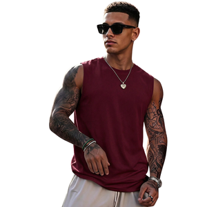 <b>Men</b> Maroon Sleeveless Tank <b>Top</b> Casual <b>Muscle</b> Shirt Round Neck Fit Summer Gym Workout Training Sportswear Wholesale Clothing - Product Image 1