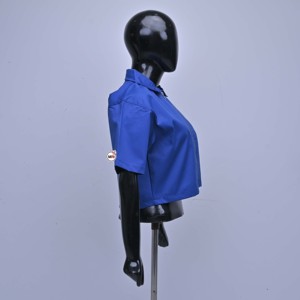 Blue Short Sleeve Bomber <b>Jacket</b> Women's Crop Zipper Front Solid Color Turn-down <b>Collar</b> Breathable Trendy Polyester Summer Style - Product Image 3