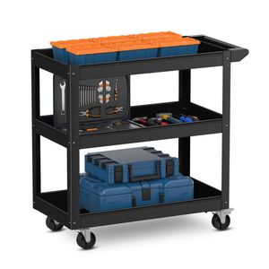 3-Tier Metal Utility Cart with Flat Handle and 2 Lockable Universal Wheels <b>Tool</b> <b>Trolley</b> - Product Image 4
