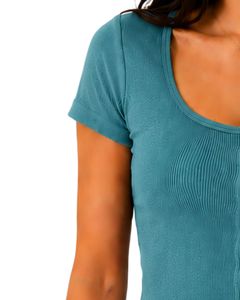 Custom Ocean <b>Blue</b> Women Ribbed Knit <b>Crop</b> <b>Top</b> Short Sleeve Button Front Slim Fit Square Neck Casual Summer Cotton T Shirt Blouse - Product Image 3