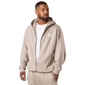 Mens Beige Relaxed Fit Full <b>Zip</b> Hoodie Casual Fleece <b>Zip</b> <b>Up</b> <b>Jacket</b> Athletic Gymwear Streetwear Long Sleeve Hooded Sweatshirt - Product Image 1