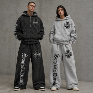 Custom Logo Heavyweight Cotton French Terry Distressed <b>Zip</b> Hoodie Wide Leg Sweatpants Oversized Unisex Streetwear Tracksuit Sets - Product Image 6