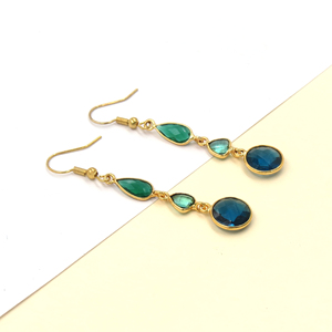 Multi Gemstone Flower Bohemian Dangle <b>Hook</b> <b>Earrings</b> | Emerald Quartz Apatite London Blue Topaz Checker Cut 18K Gold Plated - Product Image 3