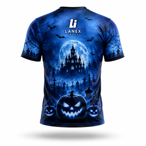 Men's Halloween T Shirt Custom 3D Digital Print Pumpkin Haunted Castle Bat Pattern Black Blue Short Sleeve Casual Shirt Apparel - Product Image 3