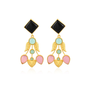 Boucles d'oreilles élégantes en laiton plaqué or avec pierres œil-de-chat rose, onyx noir et calcédoine aqua, bijoux fantaisie pour femmes - Product Image 1