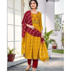 FANCY RAYON OR IMPRIMÉ BRODERIE TRAVAIL À LA MAIN HAUT BAS AVEC DUPATTA JAUNE - Product Image 1