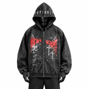 Sudadera con capucha y cremallera, extragrande, con estampado gráfico, estilo vintage, lavada, unisex, para streetwear. - Product Image 1