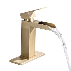 Rubinetto da Bagno Monocomando a Cascata Oro Spazzolato, 1-3 Fori, con Piastra di Fissaggio Solida per Lavabo - Product Image 3