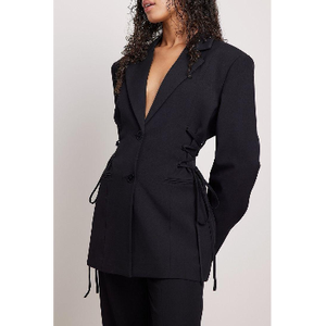 Blazer negro entallado para mujer, blazer formal, blazer con cintura ajustada, chaqueta con cordón en la cintura - Product Image 1