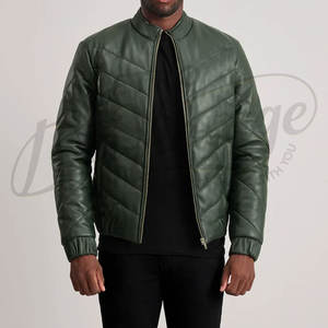Blouson Homme Vert Foncé en Similicuir Matelassé Style Bomber Col Montant Coupe Slim Décontracté Motard - Product Image 1