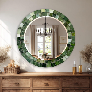 Miroir mural rond de luxe en mosaïque verte avec cadre géométrique vert forêt émeraude, miroir décoratif moderne pour le salon - Product Image 5