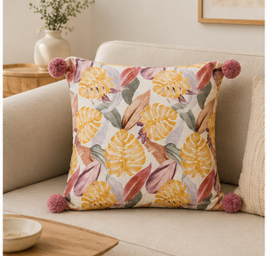Housse de coussin de luxe à imprimé feuilles tropicales avec bords pompons faits à la main, décoration d'intérieur contemporaine, housse de coussin 100% lin - Product Image 3